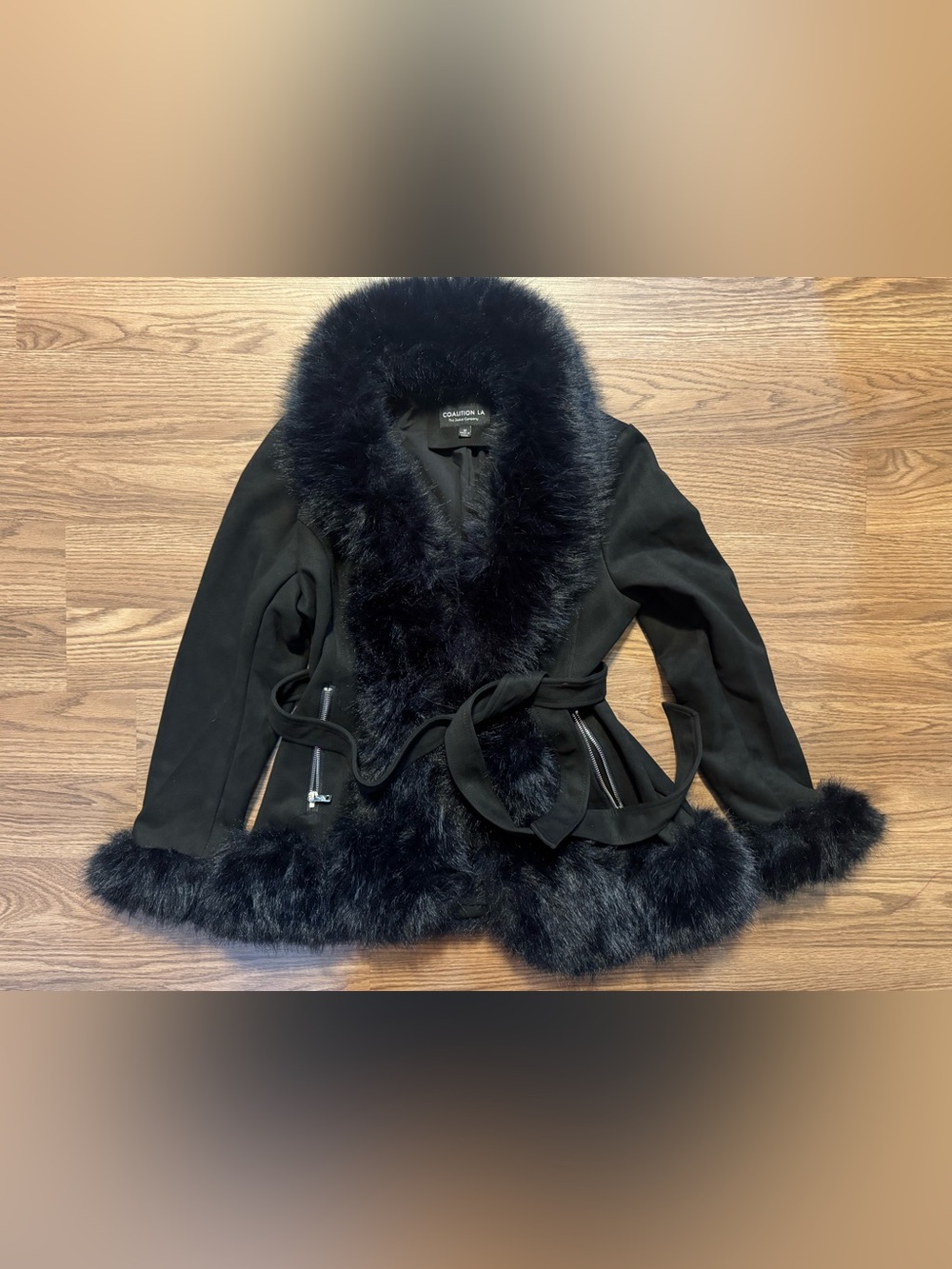 Faux-Fur Trim Black Belted Coat